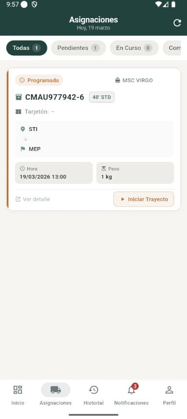 App RutaLink: listado de asignaciones y operaciones del conductor
