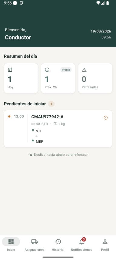 App RutaLink: pantalla de inicio con resumen de asignaciones para el conductor
