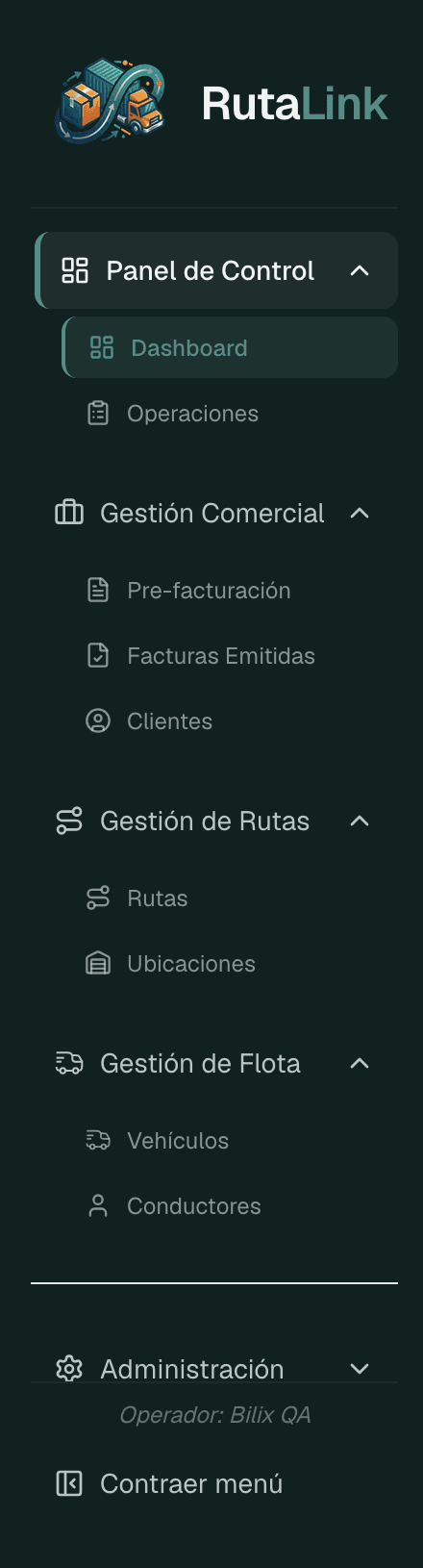 Menú lateral de RutaLink con acceso a operaciones, flota, comercial y facturación